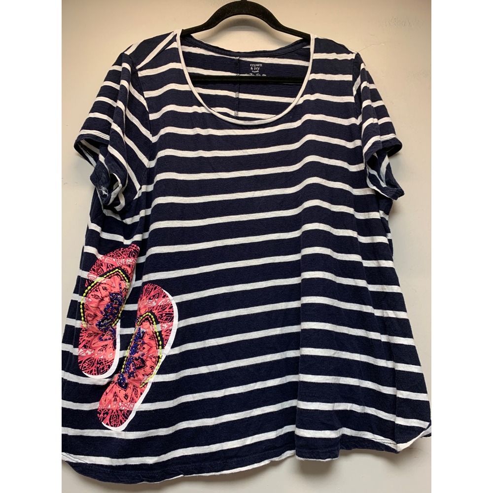 Crown & Ivy T-Shirt Women 2X Navy Blue Excellent Striped Flip Flop Graphic Tee